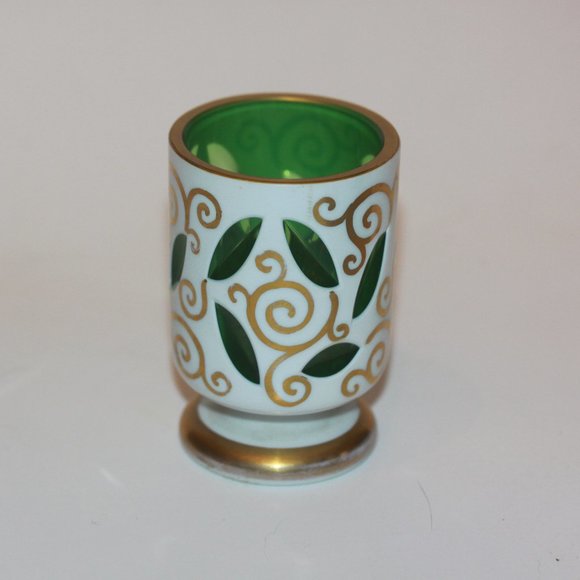 Bohemian Czech Cased White Over Green Glass Windows Gold Detail TOOTHPICK HOLDER - Picture 1 of 4